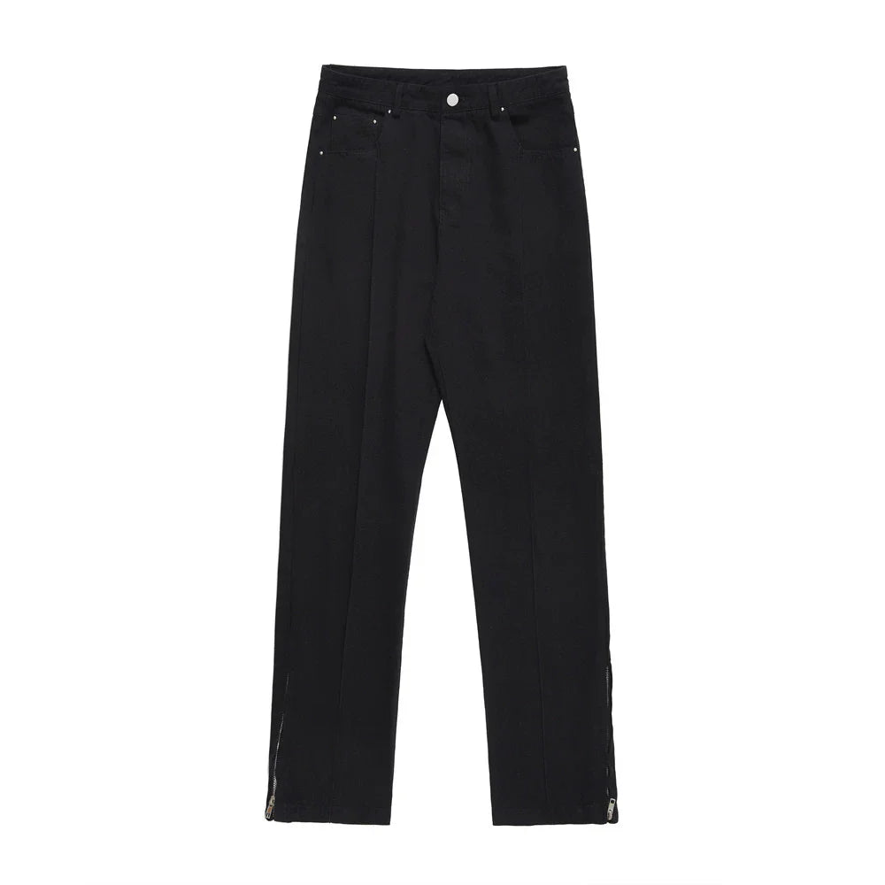 Men Sweatpants Leg Zipper Workwear Casual Pants Baggy Straight Trousers Solid Color Wide Leg Trousers