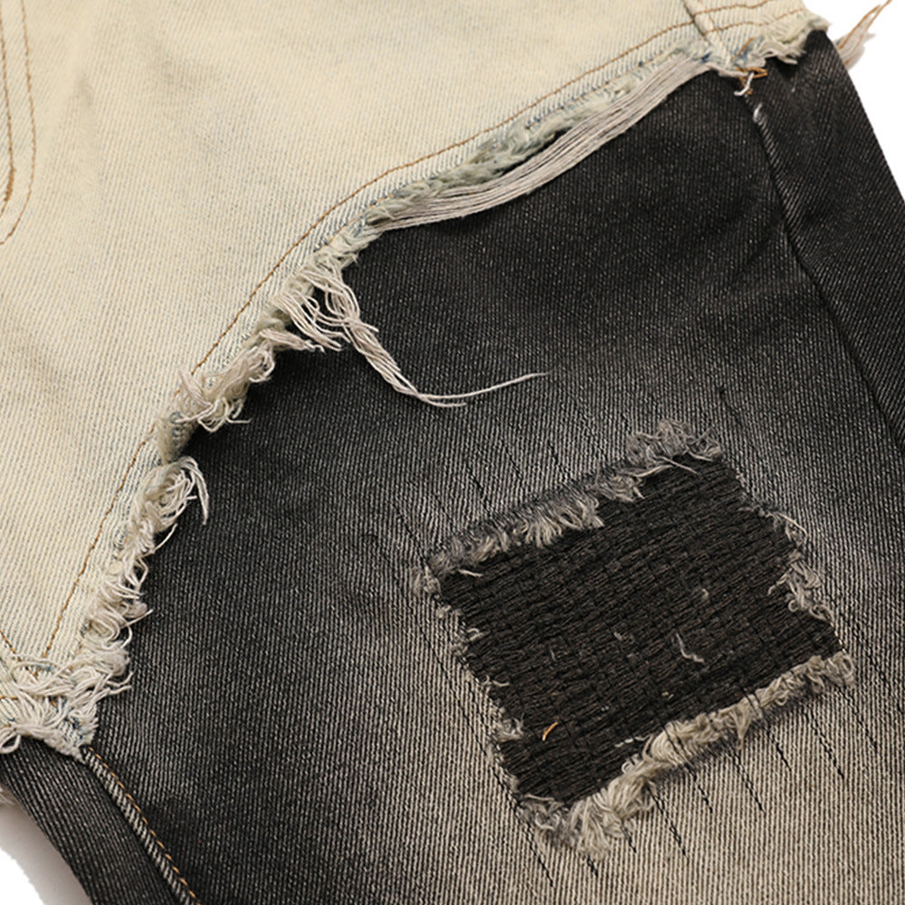 Women Pants Ripped Frayed Color Contrast Patchwork Jeans Trousers