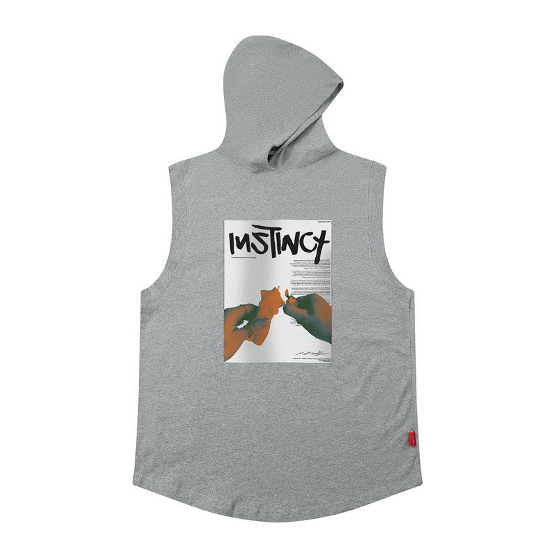 Men Vest Hooded Vest Retro Hip Hop Sleeveless T-shirt Men