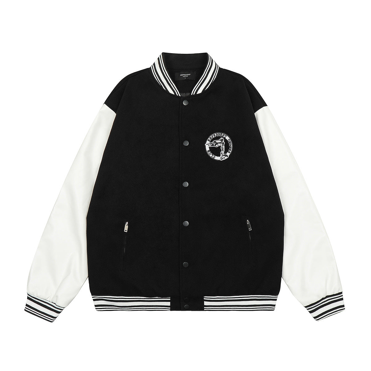 Unisex Baseball Jersey Represents Embroidered Leather Sleeve Baseball Jacket