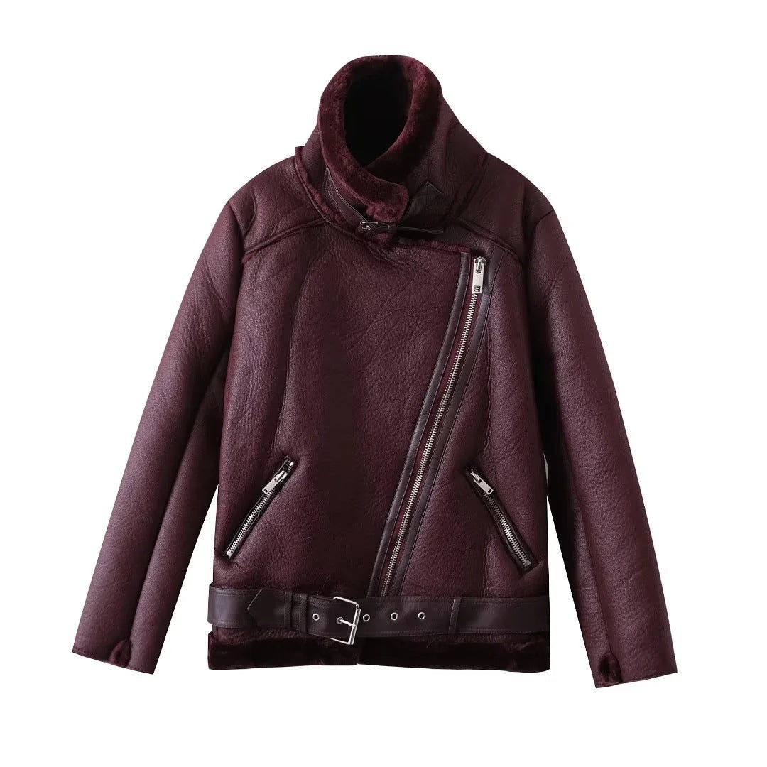 Women Cotton Coat Lamb Wool Thickened Warm Leather Coat