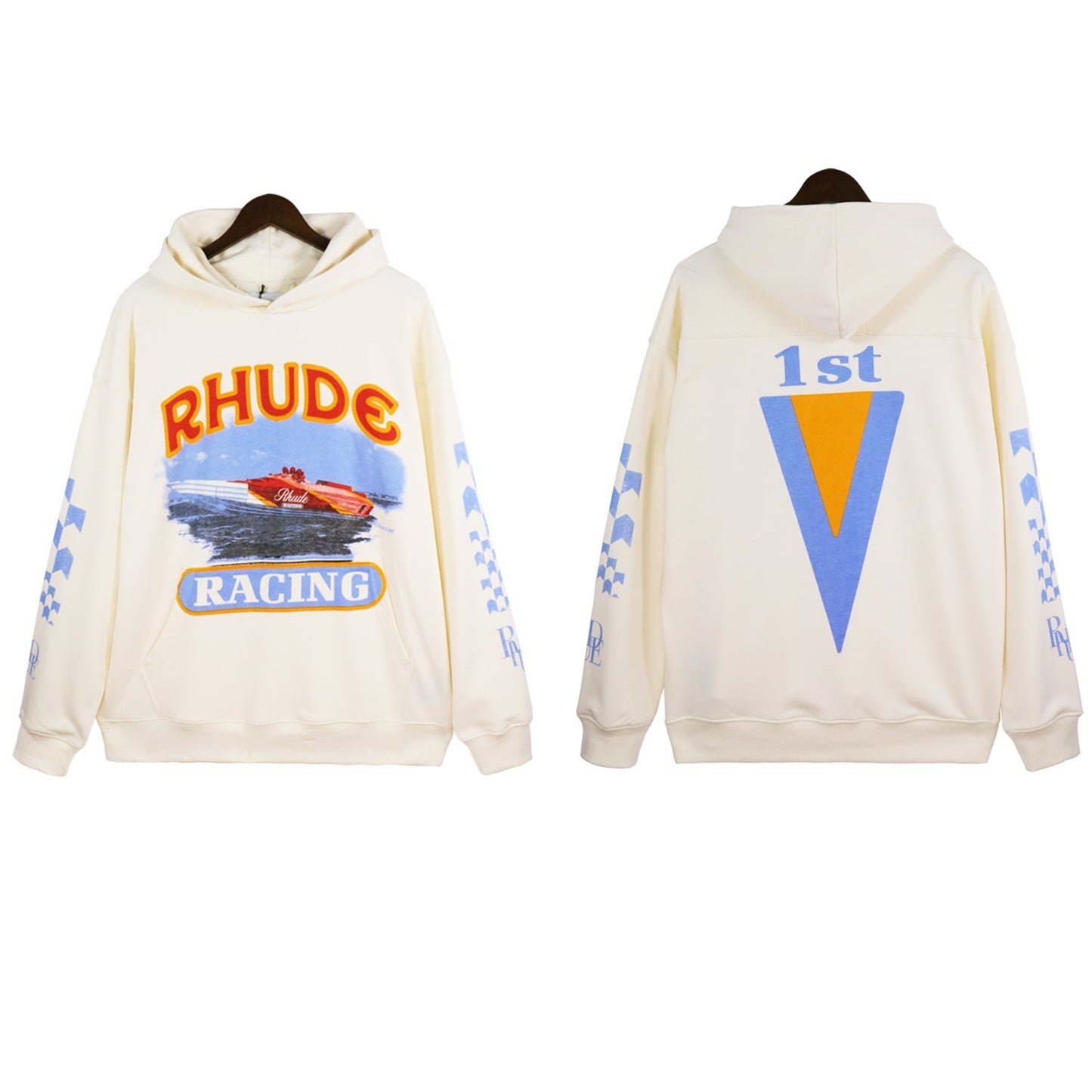 Rhude Hoodie Speedboat Plaid Sleeve Vintage Printed Hooded Sweater Jacket