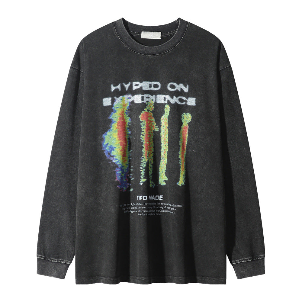 Men Long Sleeve T-Shirt Thermal Imaging Shadow Printing Distressed Loose