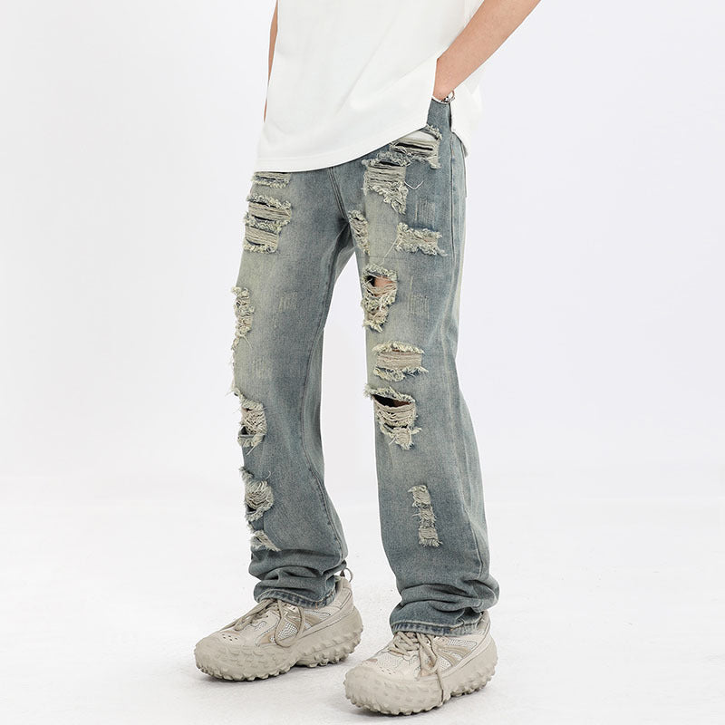 Men Jeans Ripped Jeans Vintage Distressed Straight-Leg Denim Trousers