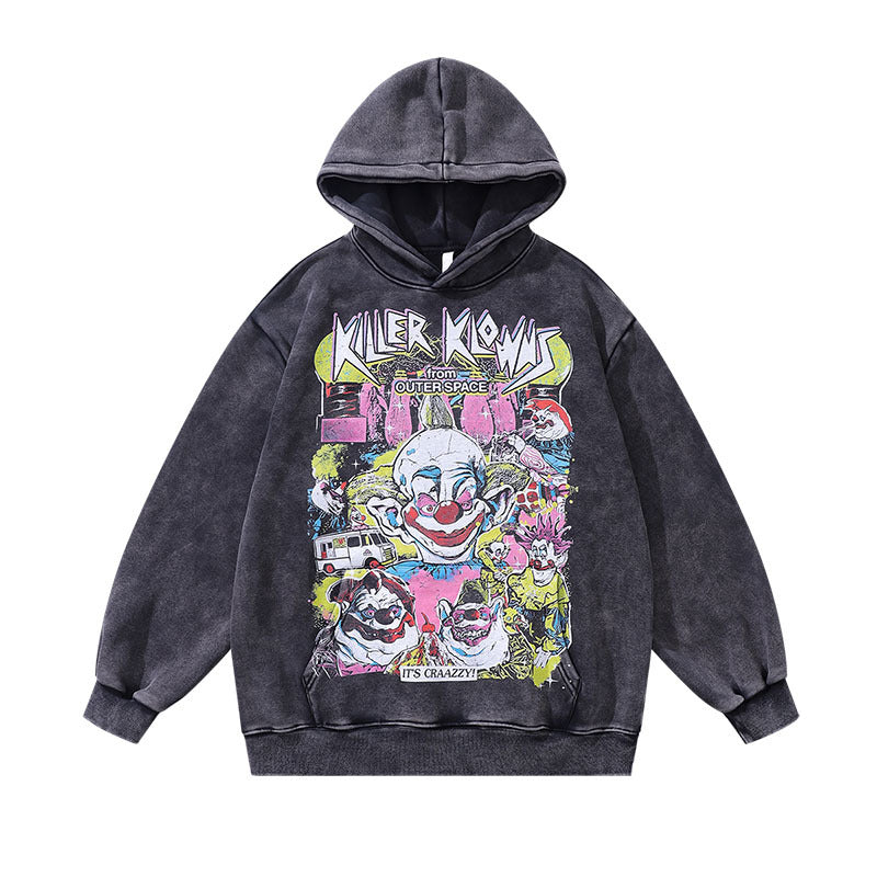 Men Hoodie Autumn and Winter Cartoon Printing plus Velvet Washed Loose Retro Couple Hooded Sweater Men and Women