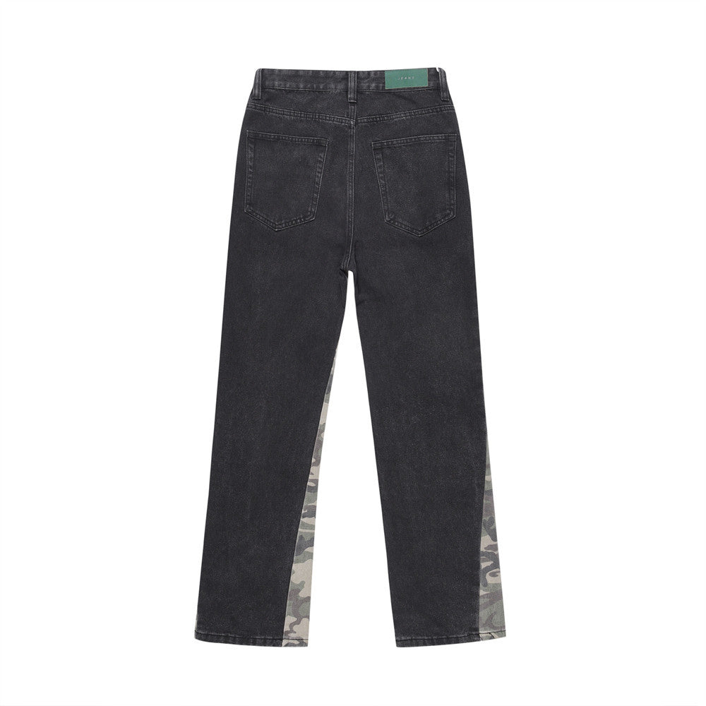 Men Jeans Stitched Camouflage Distressed Wide Leg