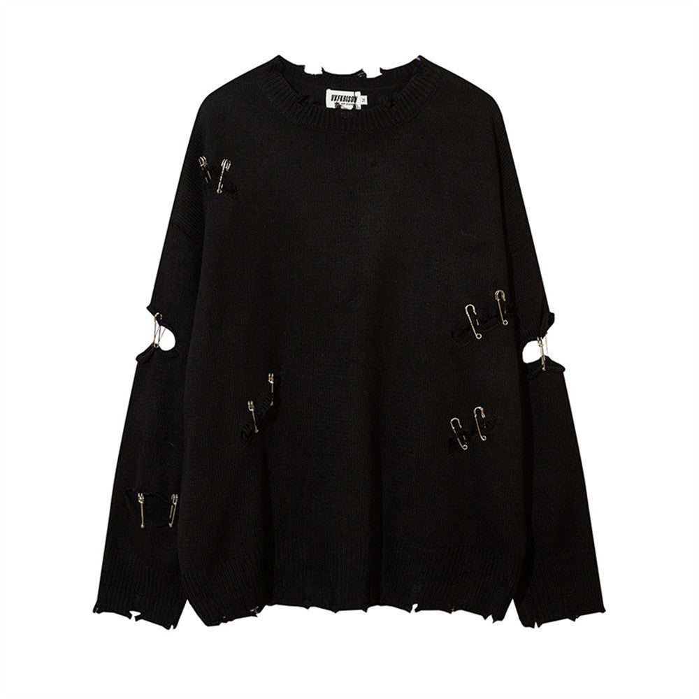 Men Sweater Ripped Pin Sweater round Neck Knitwear Niche