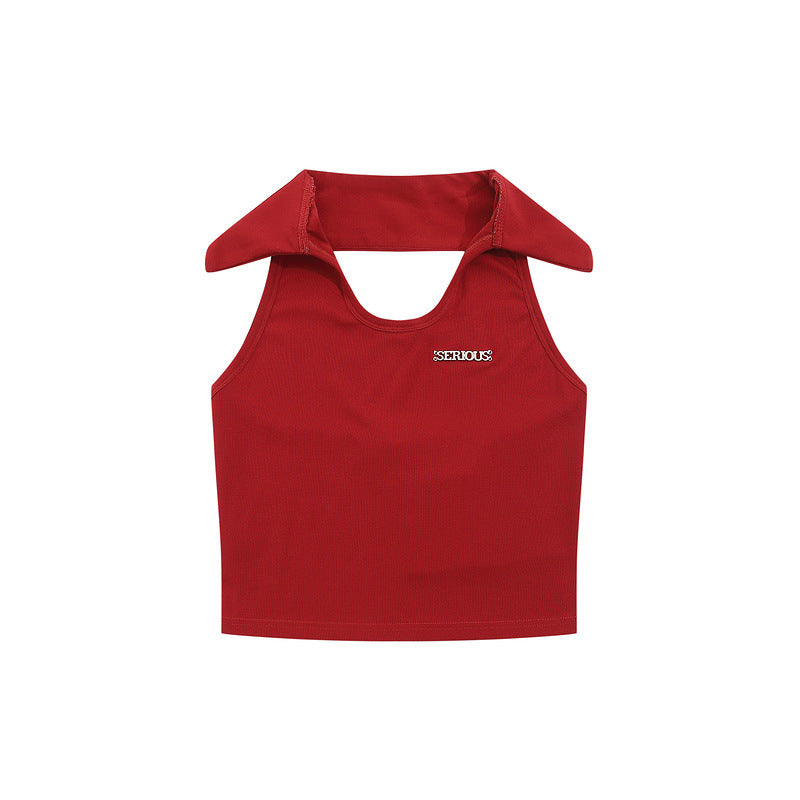 Women Vest Solid Color Polo Collar Halter Sleeveless T-shirt
