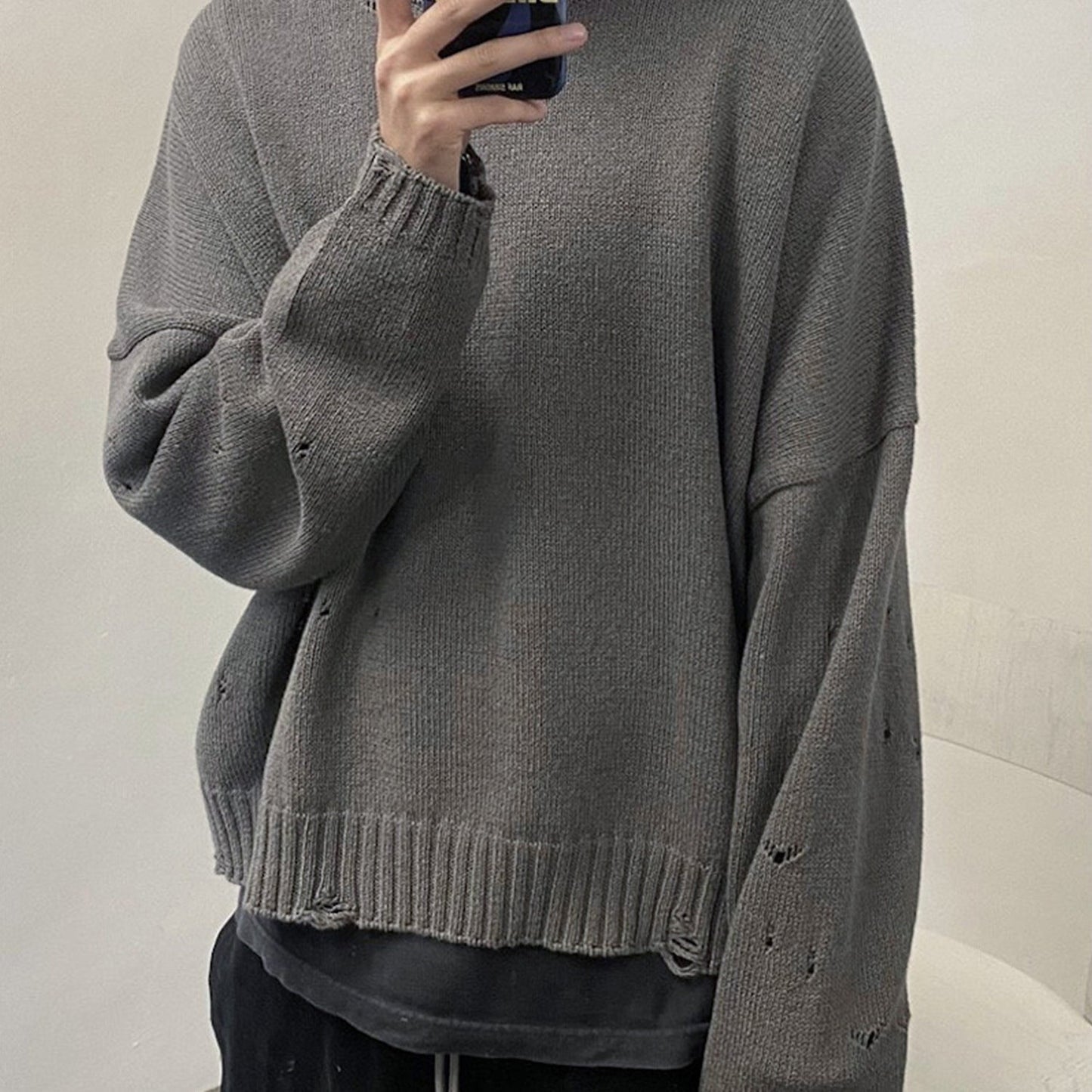 MIJKO Mens Jacket Small Ripped Knitted Sweater Loose Sweater