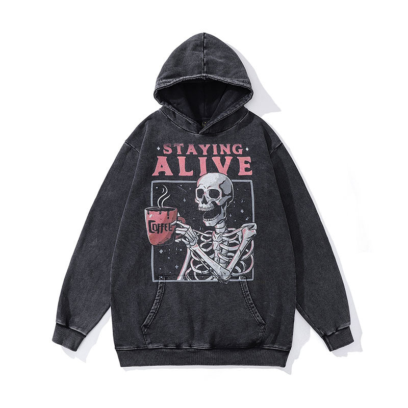 Men Hoodie Punk Skull Print Distressed Hooded Sweater
