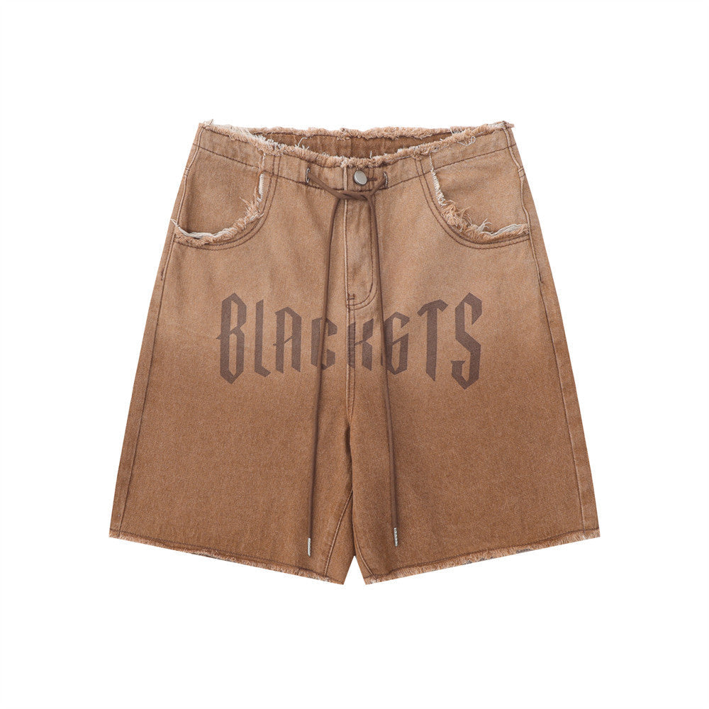 Men Shorts Tie-Dye Gradient Denim Loose Raw Hem