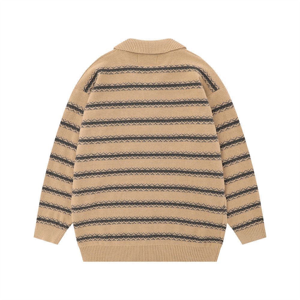 Men Sweater Striped Fur Lapel Clothing Loose Casual