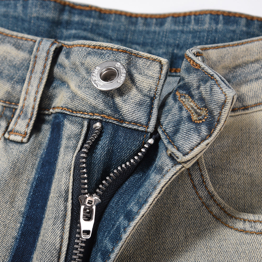 Men Jeans Color Matching Stitching Ripped Jeans Men's High Street Hip Hop Vintage Loose Wash Distressed Straight Long Pants