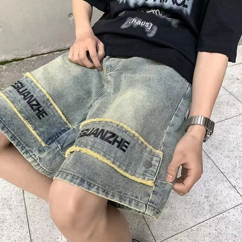 Men Jeans Denim Shorts Men's Washed-out Vintage Straight Wide Leg Pants