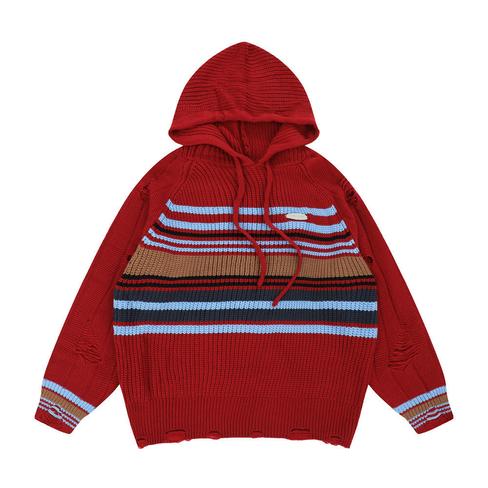 Men Sweater Striped Pullover Sweater with Hat Retro Tatted