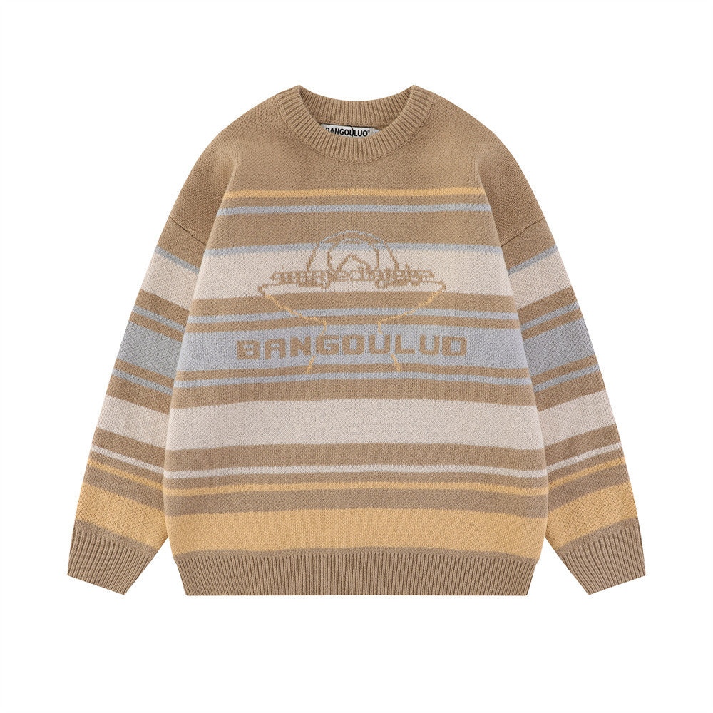 Men Sweater Striped round Neck Sweater Loose