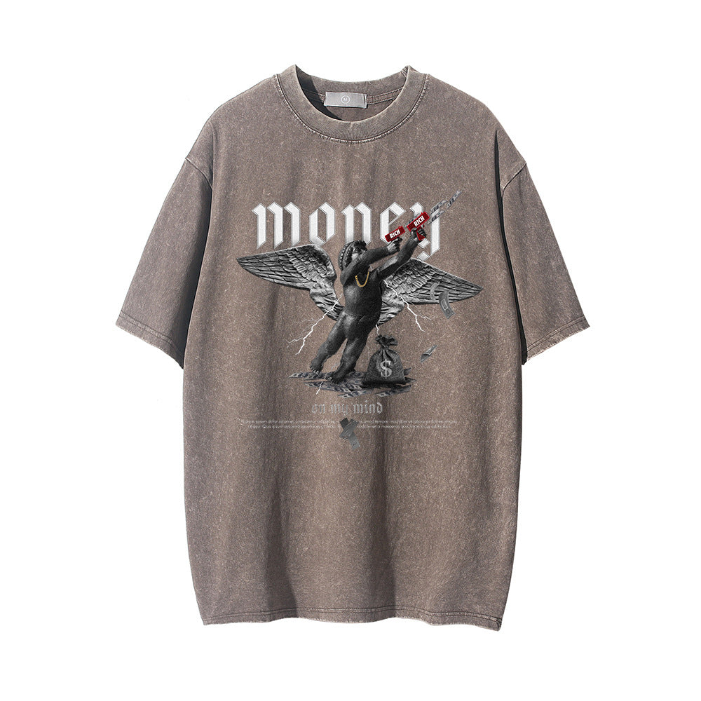 Men Vintage T-Shirt Printed Washed and Worn Short-Sleeved T-shirt Men's Ins Loose