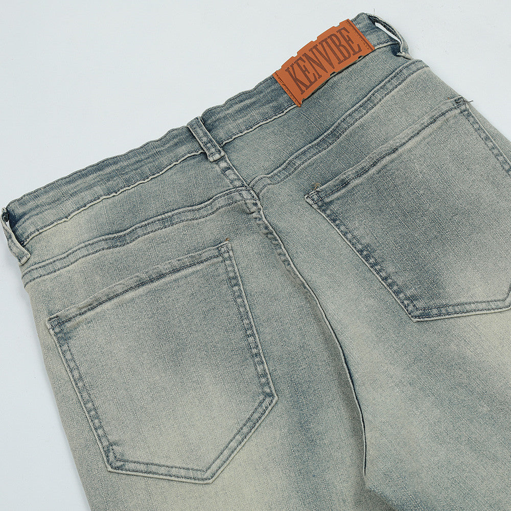 Men Jeans Bright White Loose Distressed Retro Patchwork