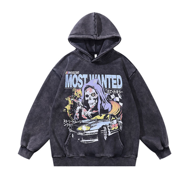Men Hoodie Autumn and Winter Cartoon Printing plus Velvet Washed Loose Retro Couple Hooded Sweater Men and Women