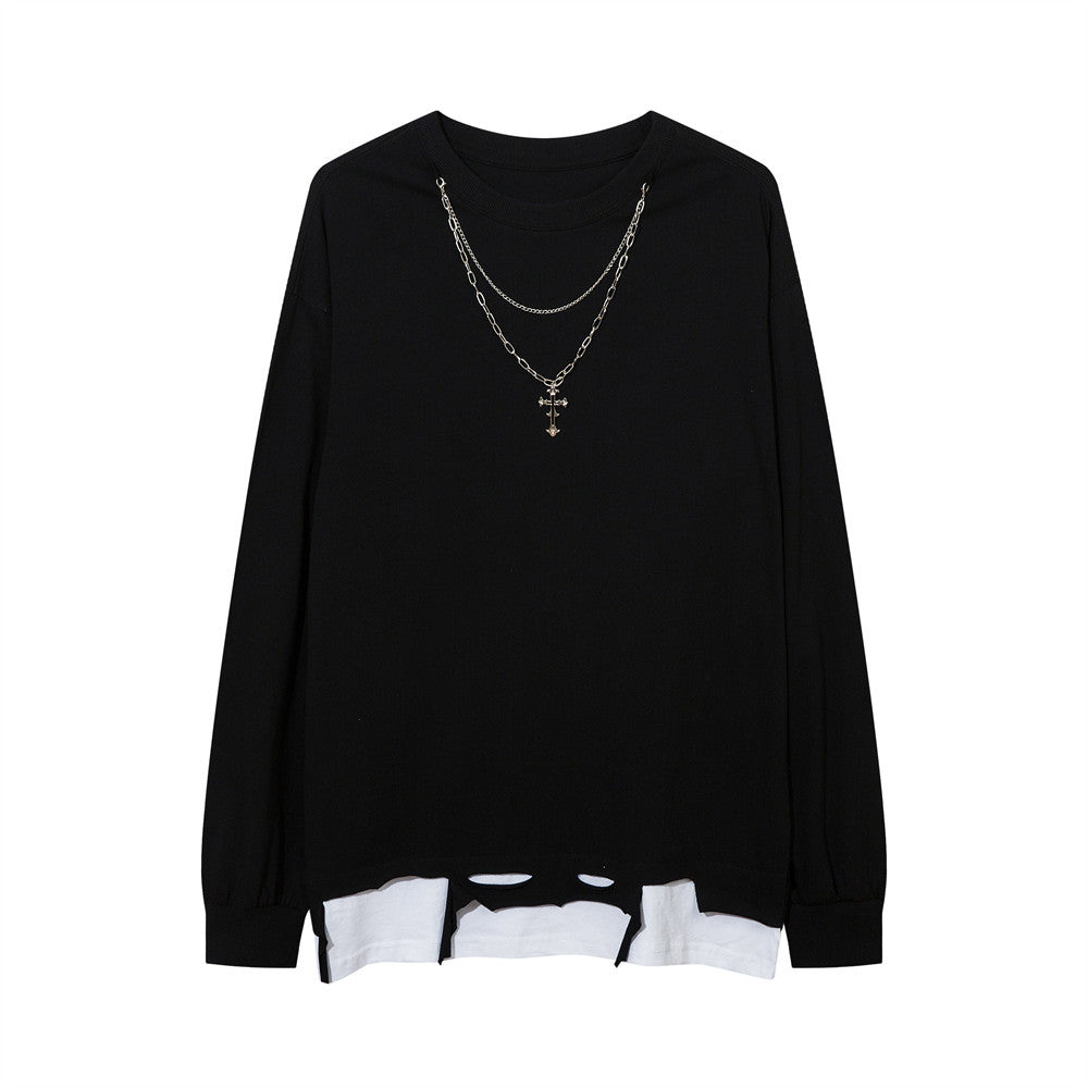 Men Long Sleeve T-Shirt Cut Broken Stitching Fake Two-Piece Personalized Necklace