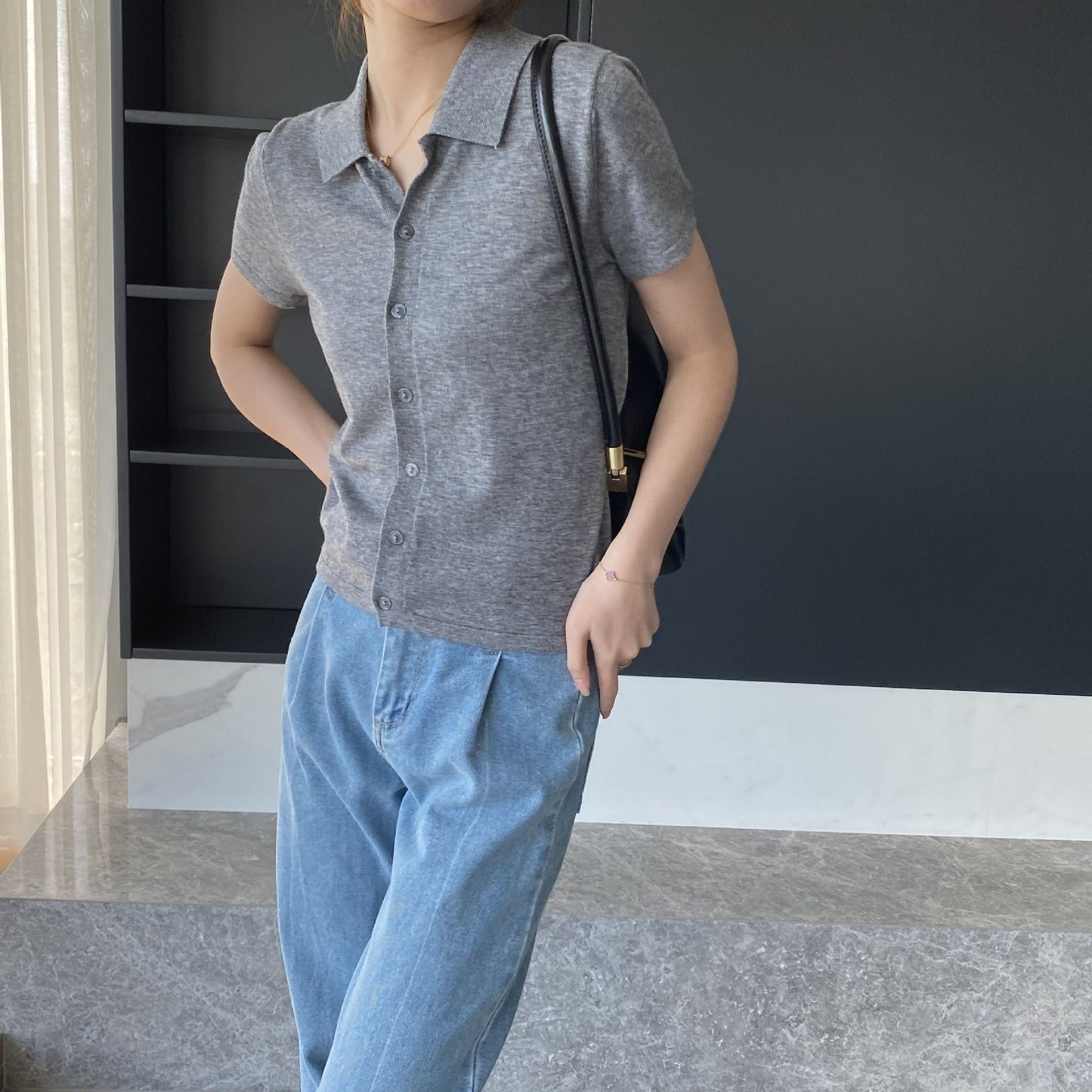 Women Knitted T-shirt Knitted Cardigan Jacket Slim Fit Short Sleeve Polo Collar Top