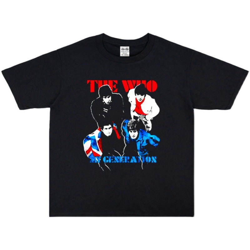 Rock Star T Shirt the WHO Band Printed Washed Distressed T-shirt Men's and Women's Cotton Short Sleeve