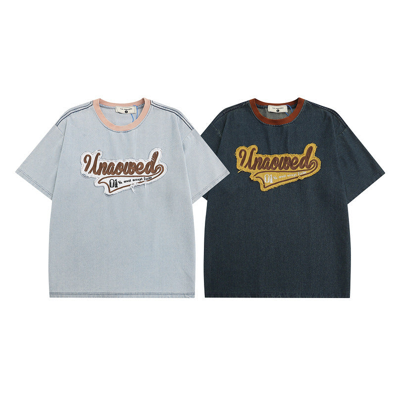 Men T-shirt Retro Street Embroidered Short-Sleeved T-shirt