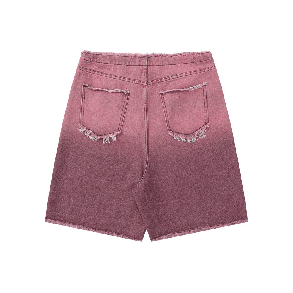 Men Shorts Tie-Dye Gradient Denim Loose Raw Hem