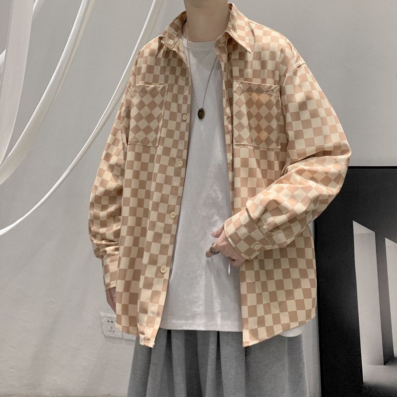 Men Shirts Chessboard Grid Handsome Fashion