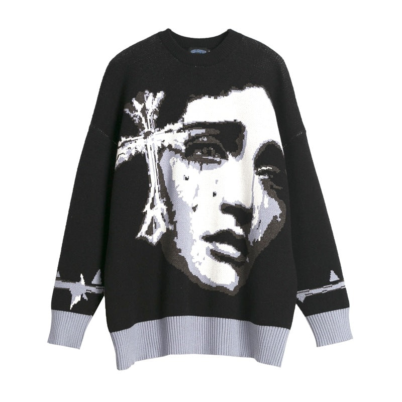 Women Sweater Contrast Color Cross Knitted Sweater Oversize