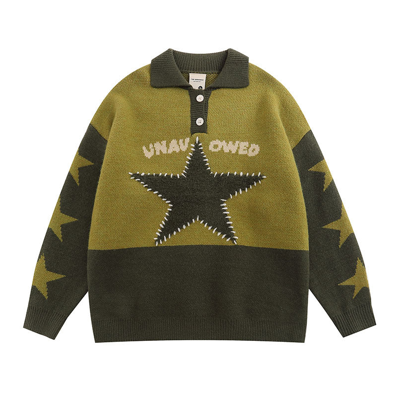 Women Sweater Vintage Preppy Style Polo Lapel Knitted Sweater