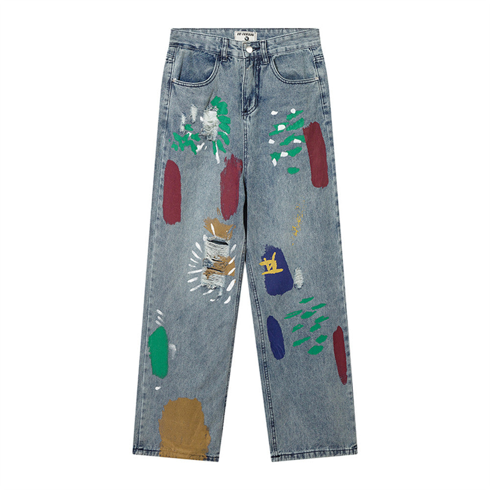 Women Pants Graffiti Ripped Straight Jeans Loose High Waist Wide Leg Pants Trousers