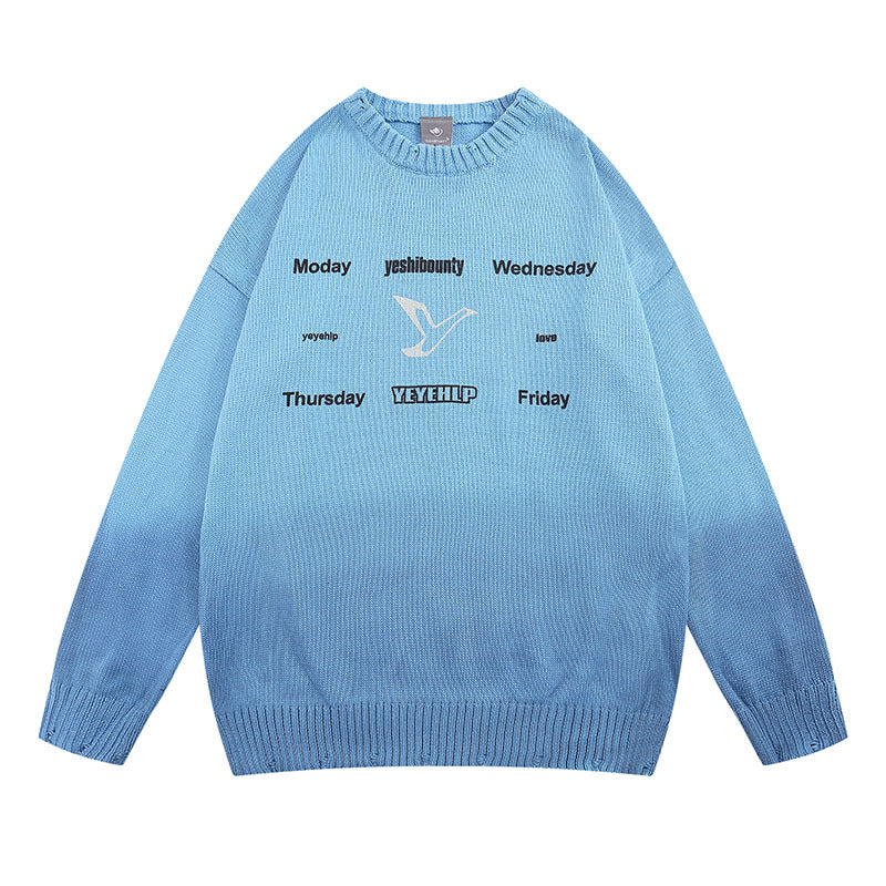 Women Sweater Retro Tattered Jeans Contrast Color Knitted Sweater