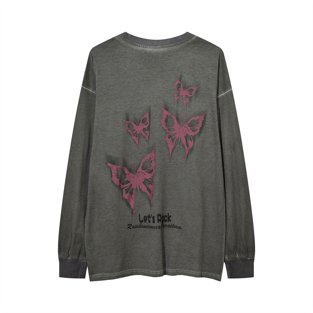 Men Long Sleeve T-Shirt Butterfly Print Distressed