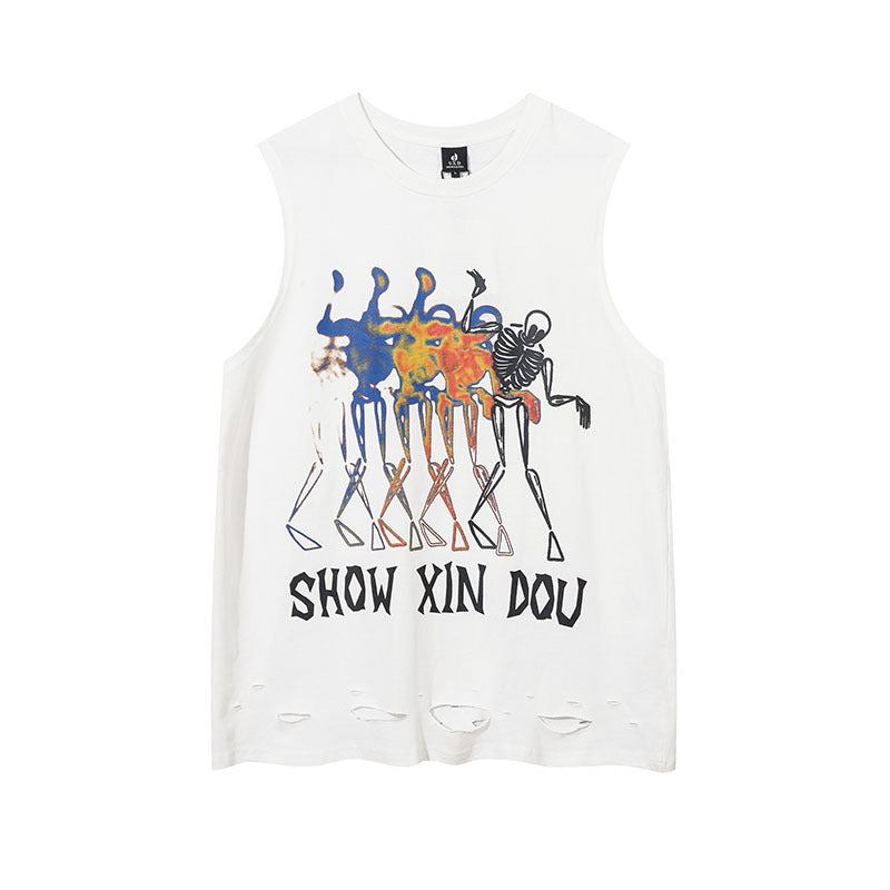 Men Vest Retro Alphabet Graffiti Ripped Vest