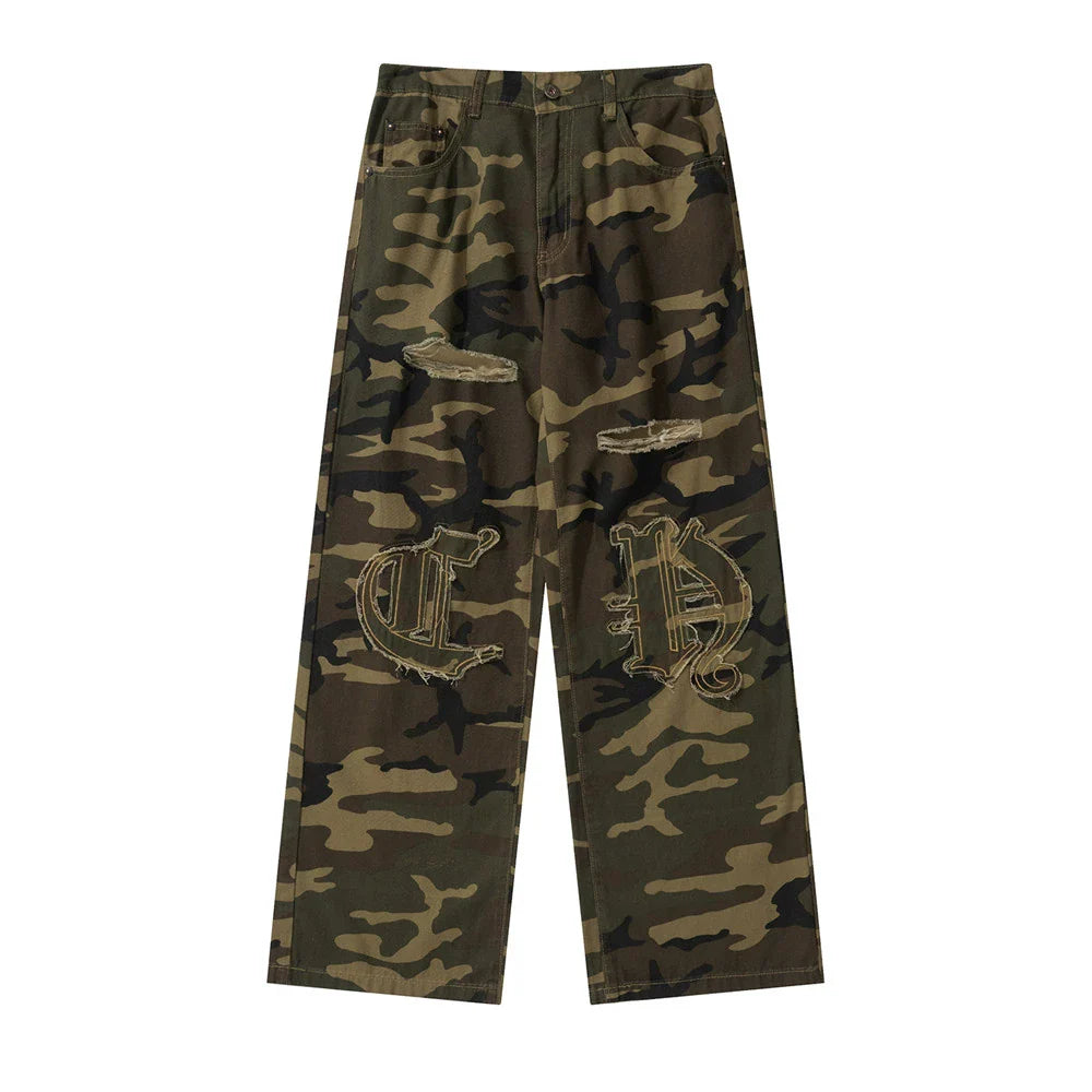 Men Sweatpants Casual Camouflage Camouflage Pants Men's Paste Cloth Embroidery Hole Straight Loose Trousers