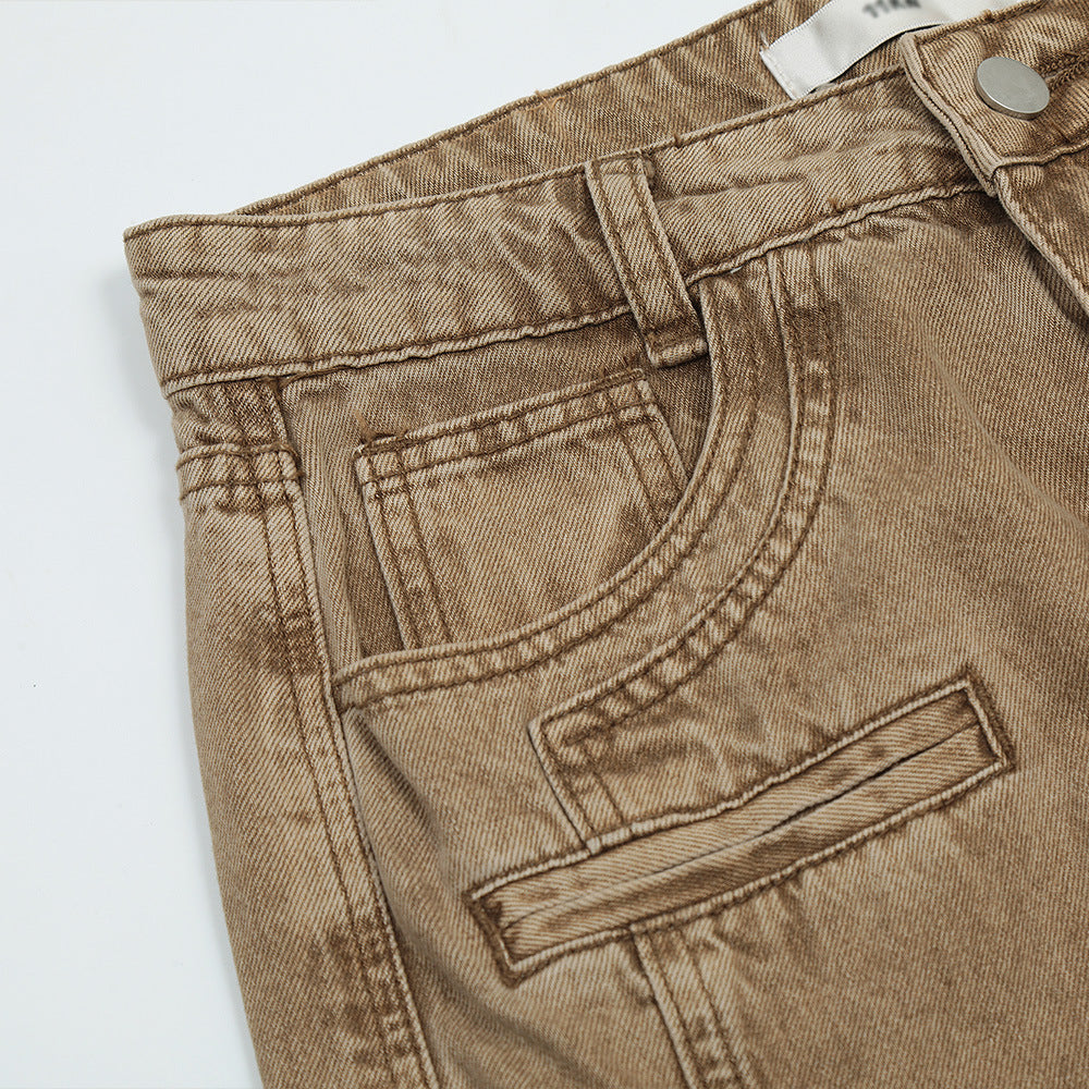 Men Jeans Multi-Pocket Workwear Loose Distressed Stitching