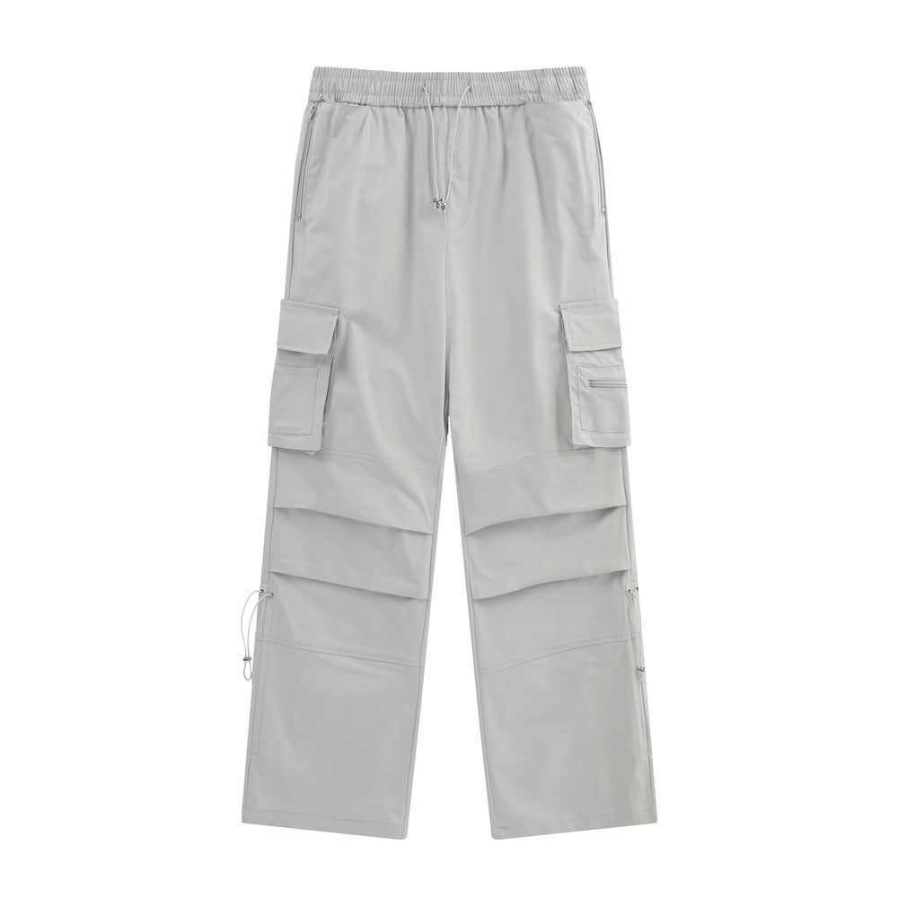 Men Sweatpants Multi-Pocket Straight Casual Pants Men's Summer Casual Elastic Waist Wide Leg Pants