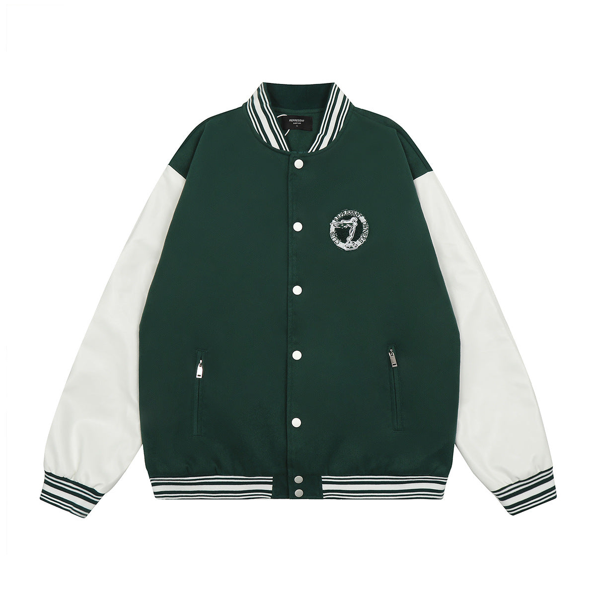 Unisex Baseball Jersey Represents Embroidered Leather Sleeve Baseball Jacket