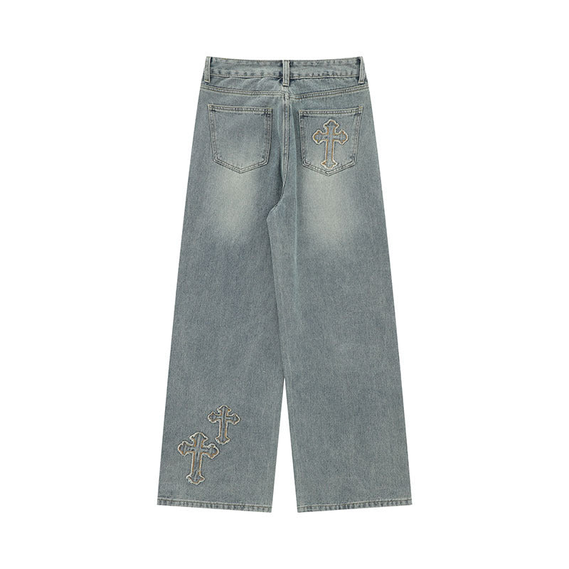 Men Jeans Cross Embroidered Washed Straight Jeans