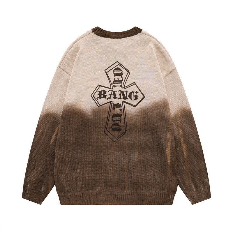 Women Sweater Tie-Dyed Tapered Collar Knitted Sweater Cross Loose All-Match