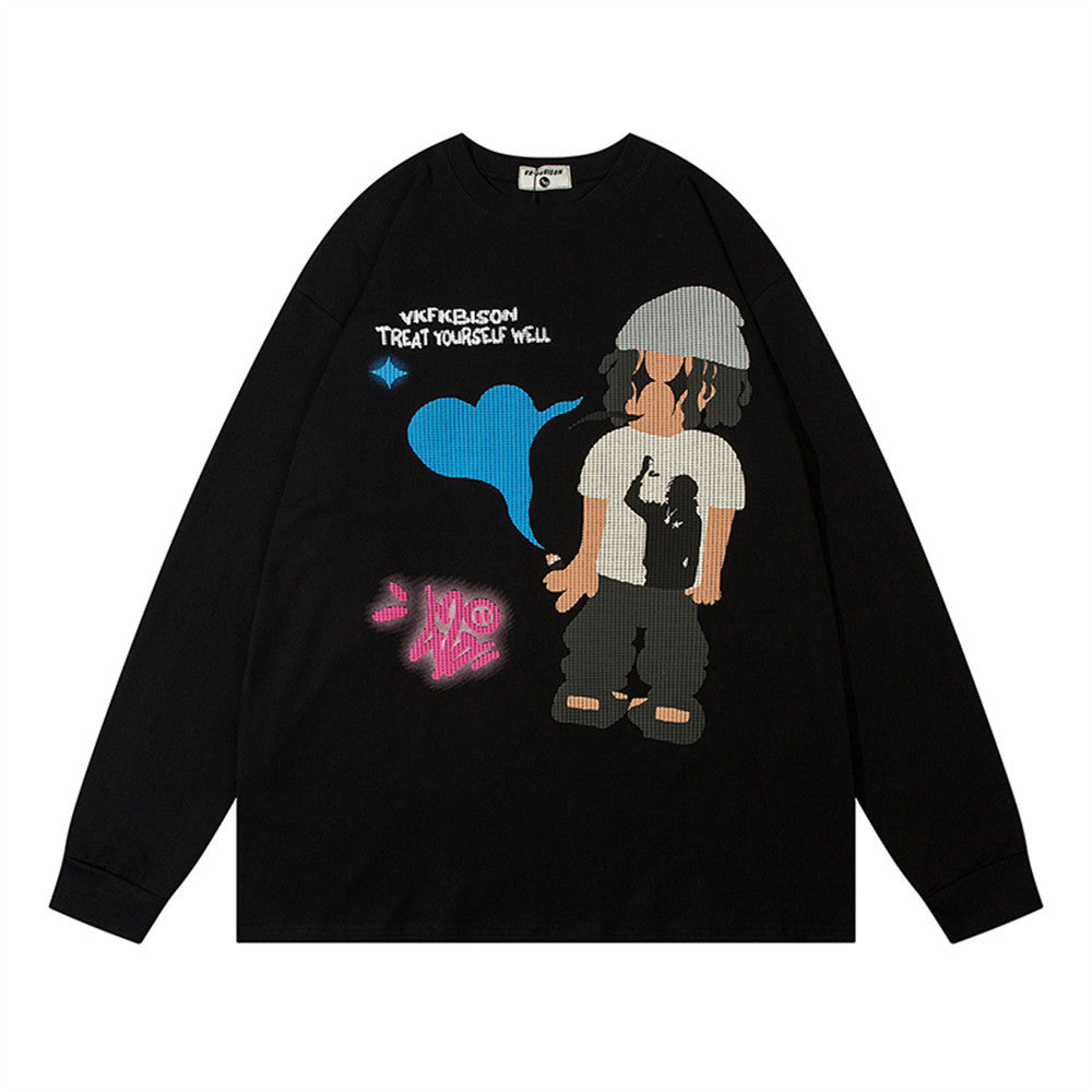 Men Long Sleeve T-shirt Cartoon Anime Print Cotton Loose Hip Hop