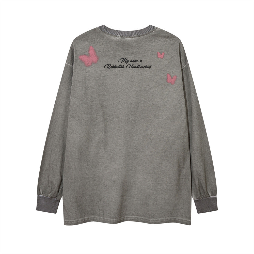 Men Long Sleeve T-Shirt Butterfly Print Distressed and Dirty