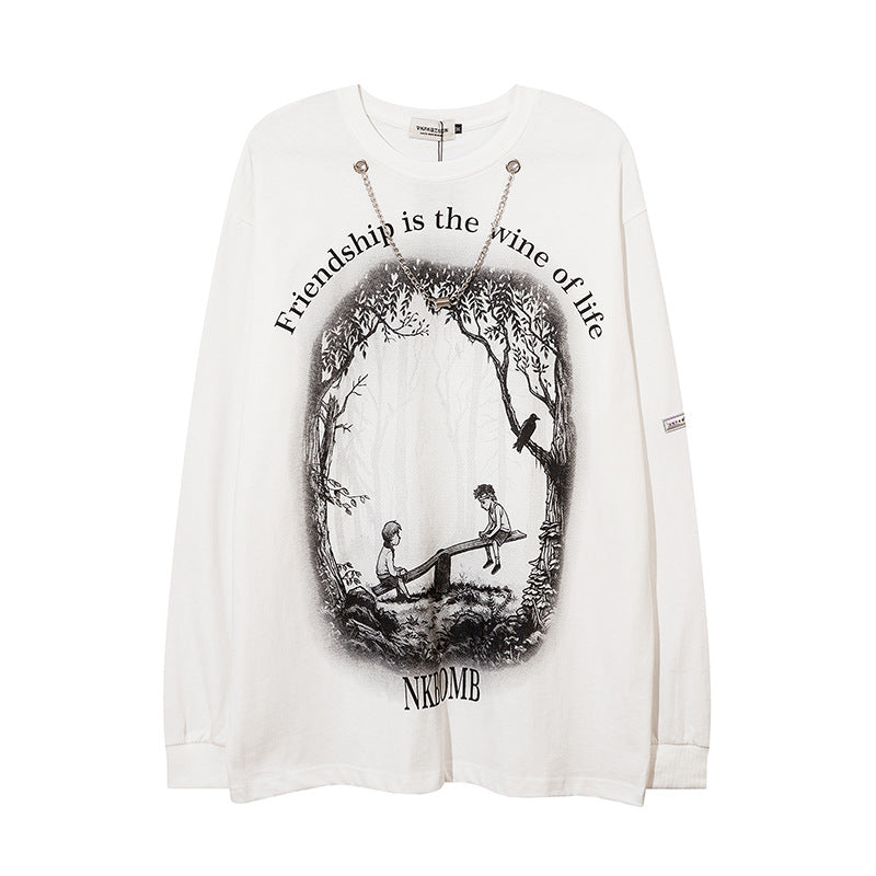 Men Long Sleeve T-Shirt Childhood Scene Necklace Decoration
