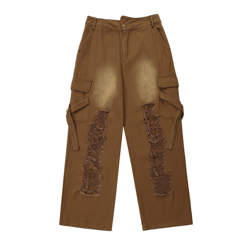 Women Pants Ripped Multi-Pocket Jeans Hip Hop Washed Straight Loose-Fitting Wide-Leg Trousers