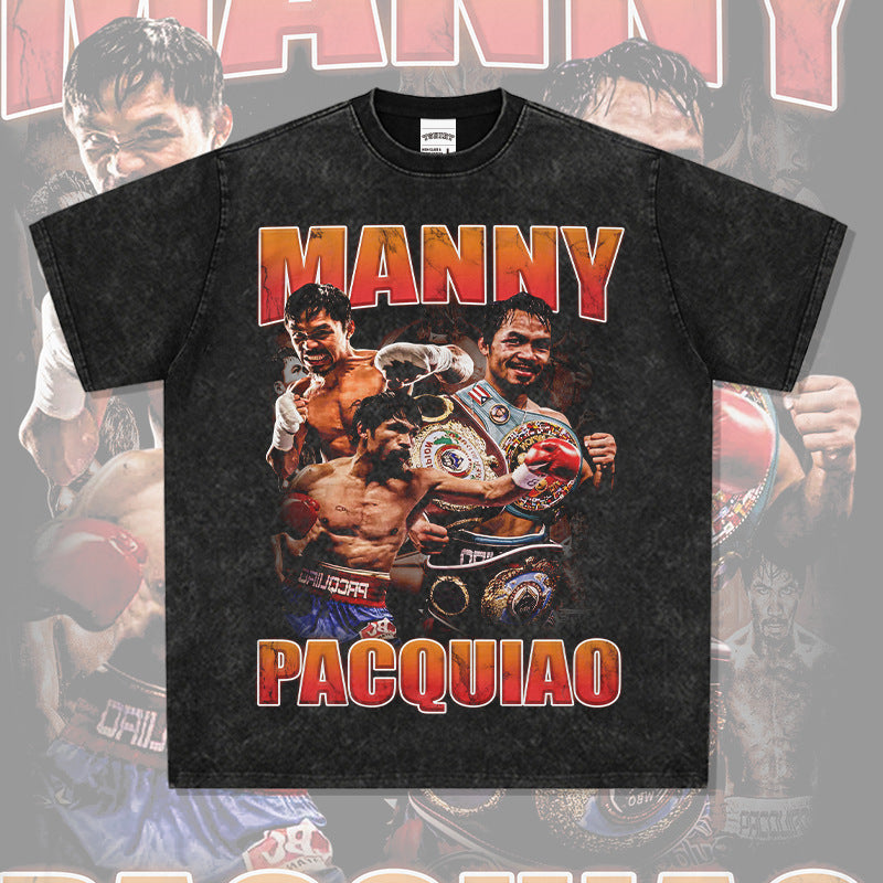 Mens Vintage Boxer T-Shirt Manny Pacquiao Pac Men Printed Short Sleeve T-Shirt Washed Top