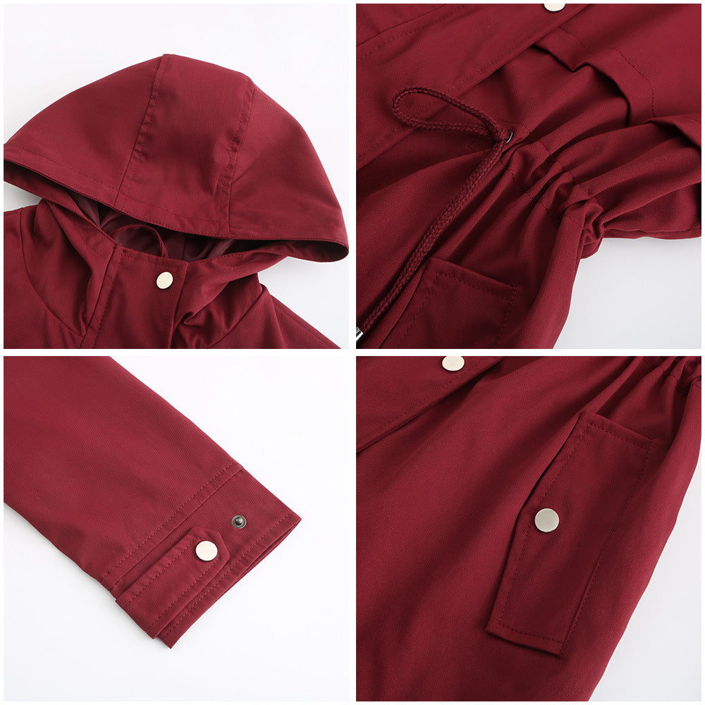 Women Trench Coat Mid-Length Hooded Jacket Long-Sleeved Raincoat