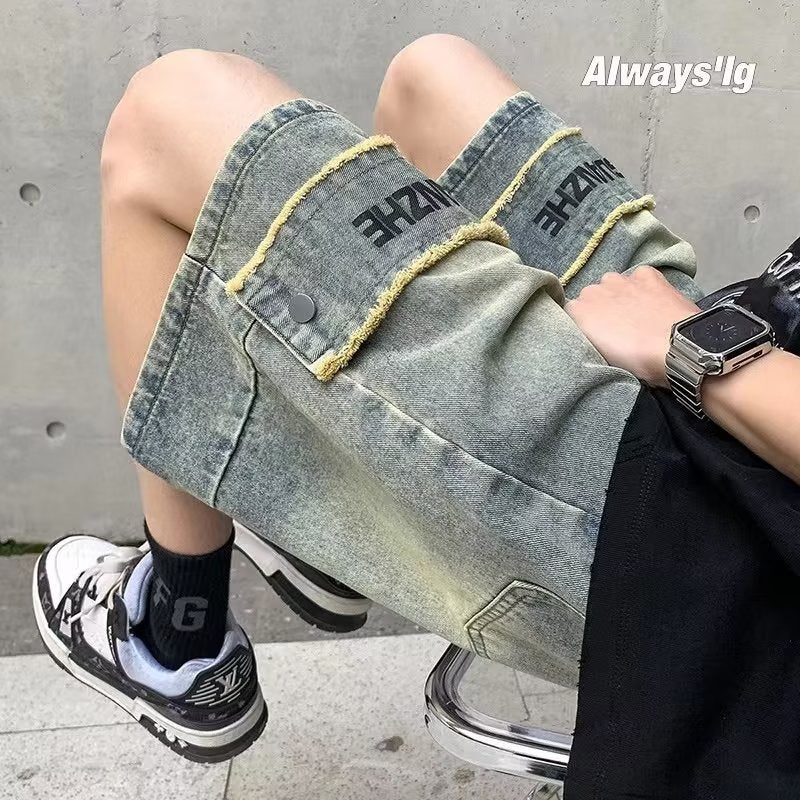 Men Jeans Denim Shorts Men's Washed-out Vintage Straight Wide Leg Pants
