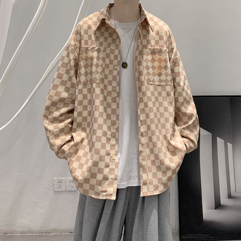 Men Shirts Chessboard Grid Handsome Fashion