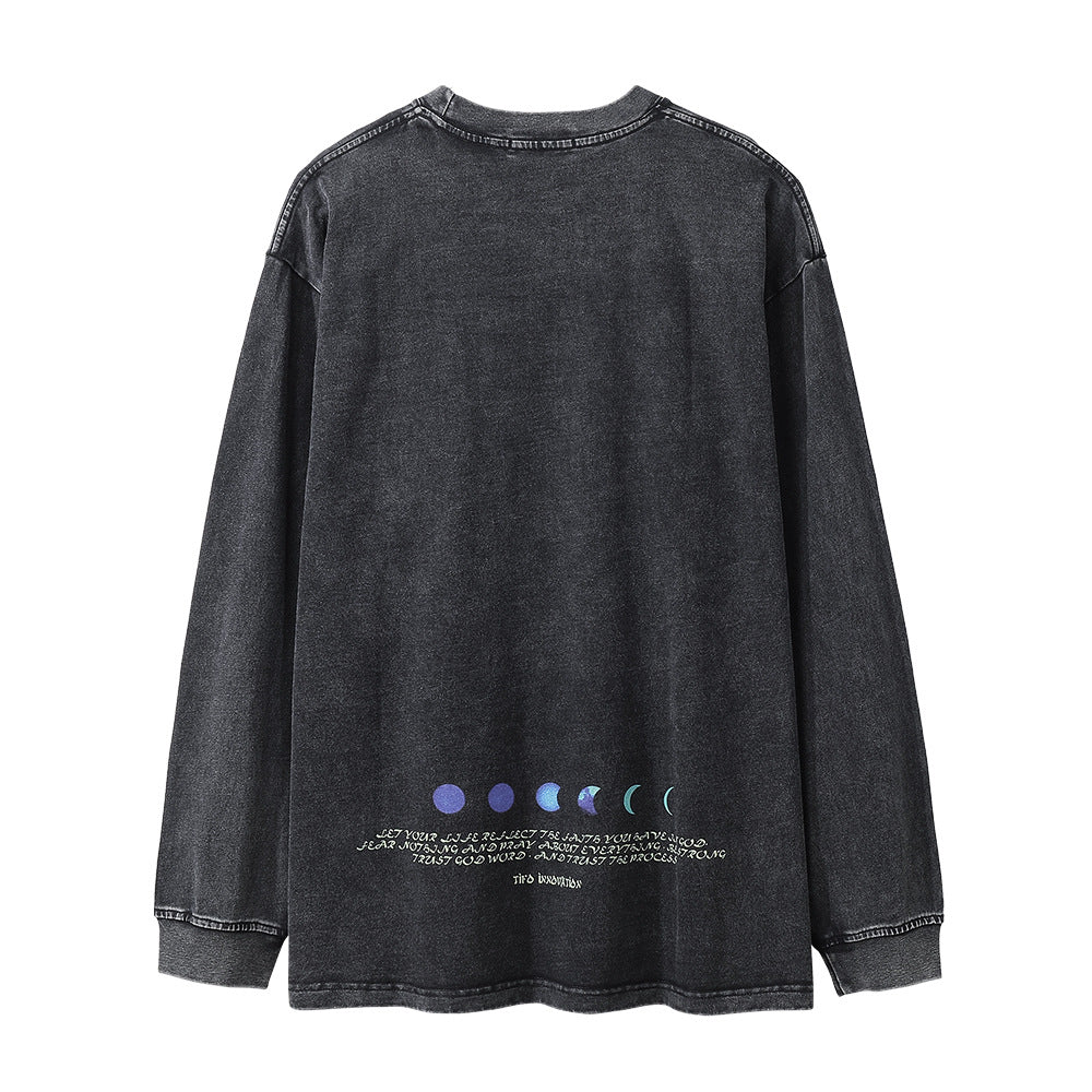 Men Long Sleeve T-shirt Depressed Skull Nun Printed Washed Old